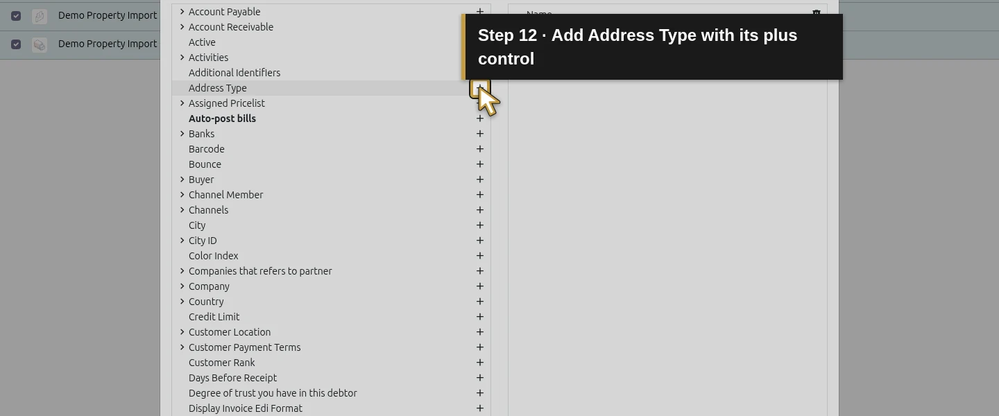 Action 12: Add Address Type with its plus control. The actual target is highlighted in gold.