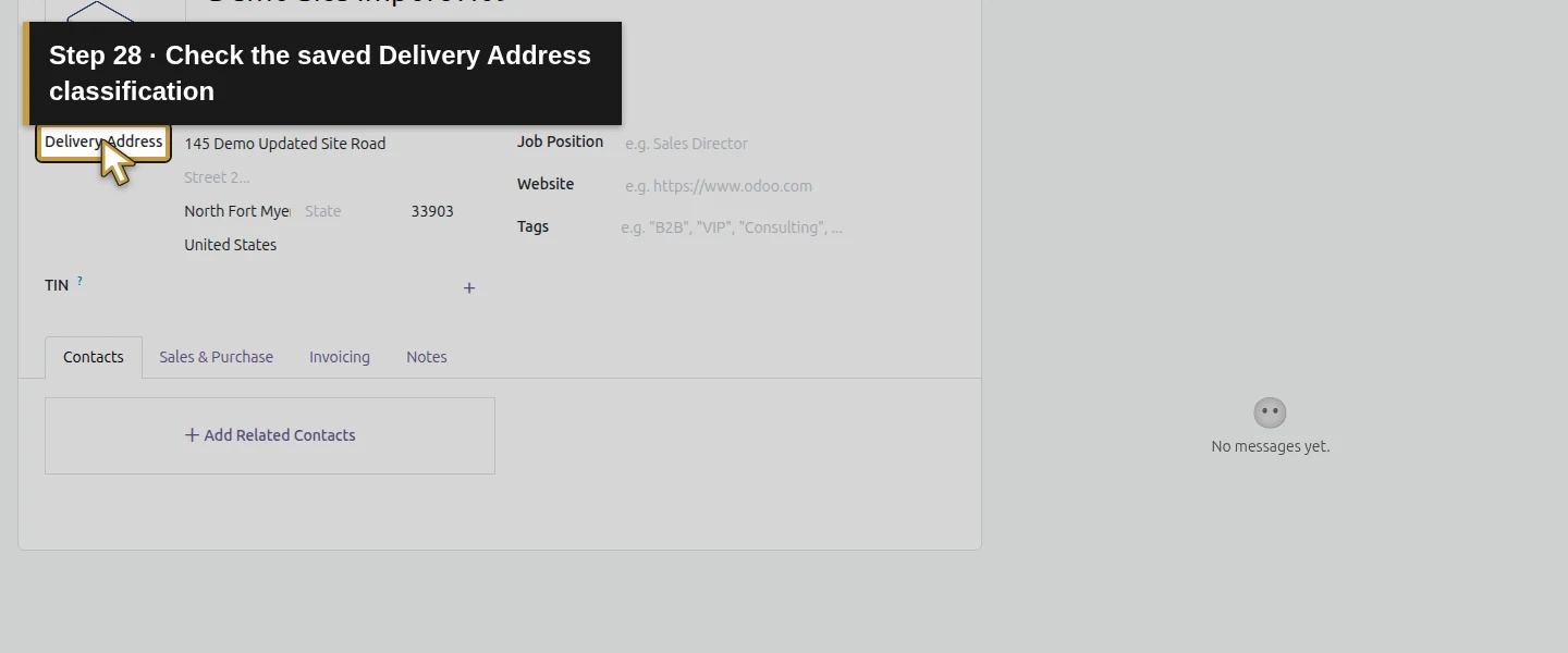 Action 28: Check the saved Delivery Address classification. The actual target is highlighted in gold.