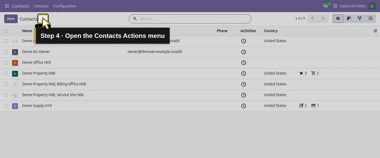Action 4: Open the Contacts Actions menu. The actual target is highlighted in gold.