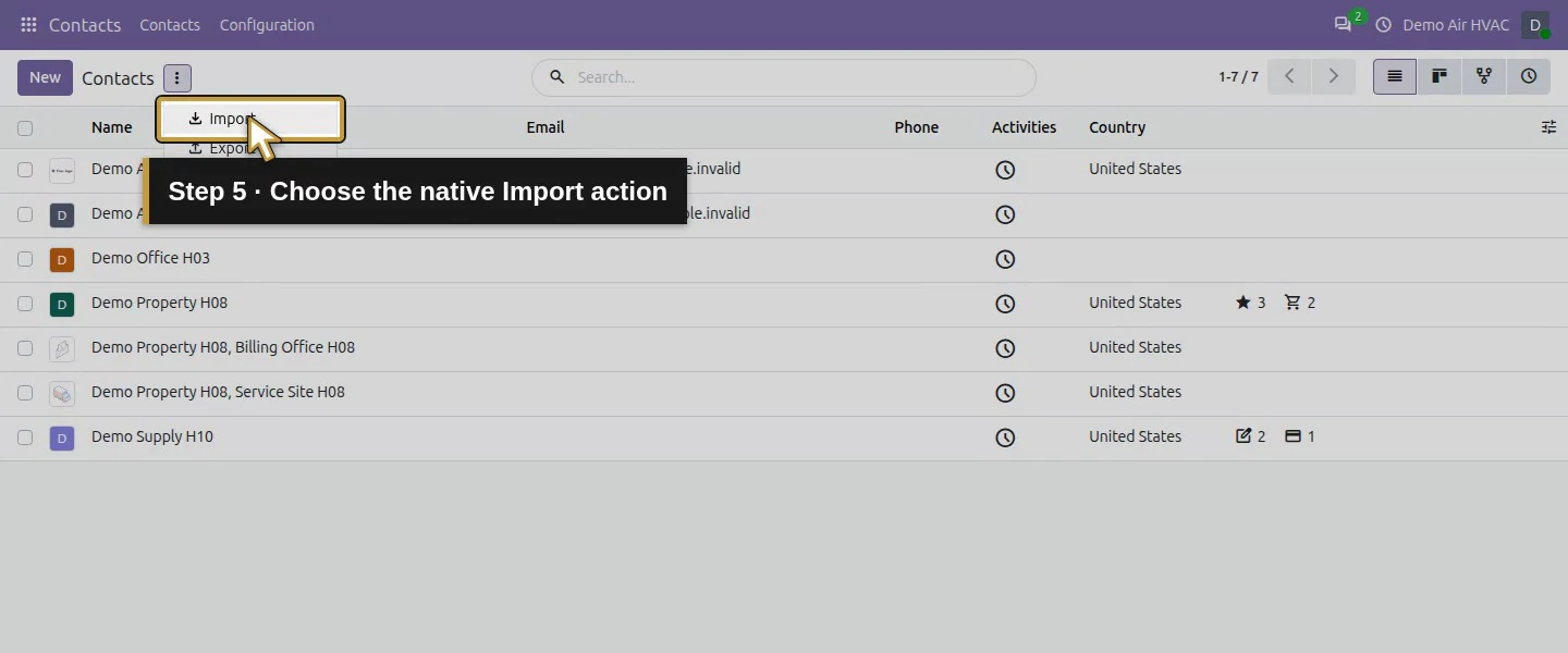 Action 5: Choose the native Import action. The actual target is highlighted in gold.