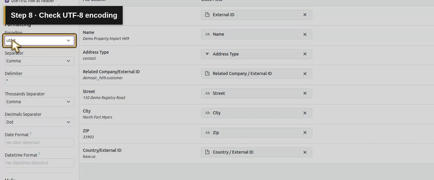 Action 8: Check UTF-8 encoding. The actual target is highlighted in gold.