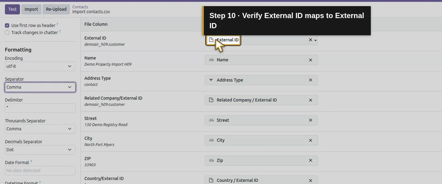 Action 10: Verify External ID maps to External ID. The actual target is highlighted in gold.