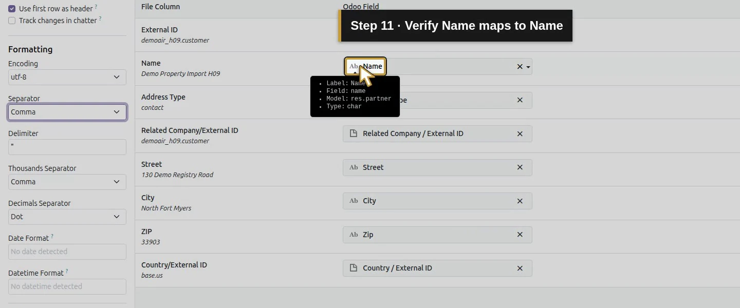 Action 11: Verify Name maps to Name. The actual target is highlighted in gold.