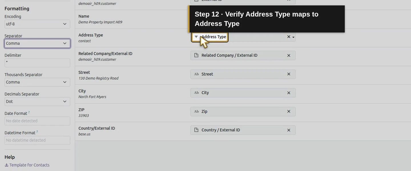 Action 12: Verify Address Type maps to Address Type. The actual target is highlighted in gold.