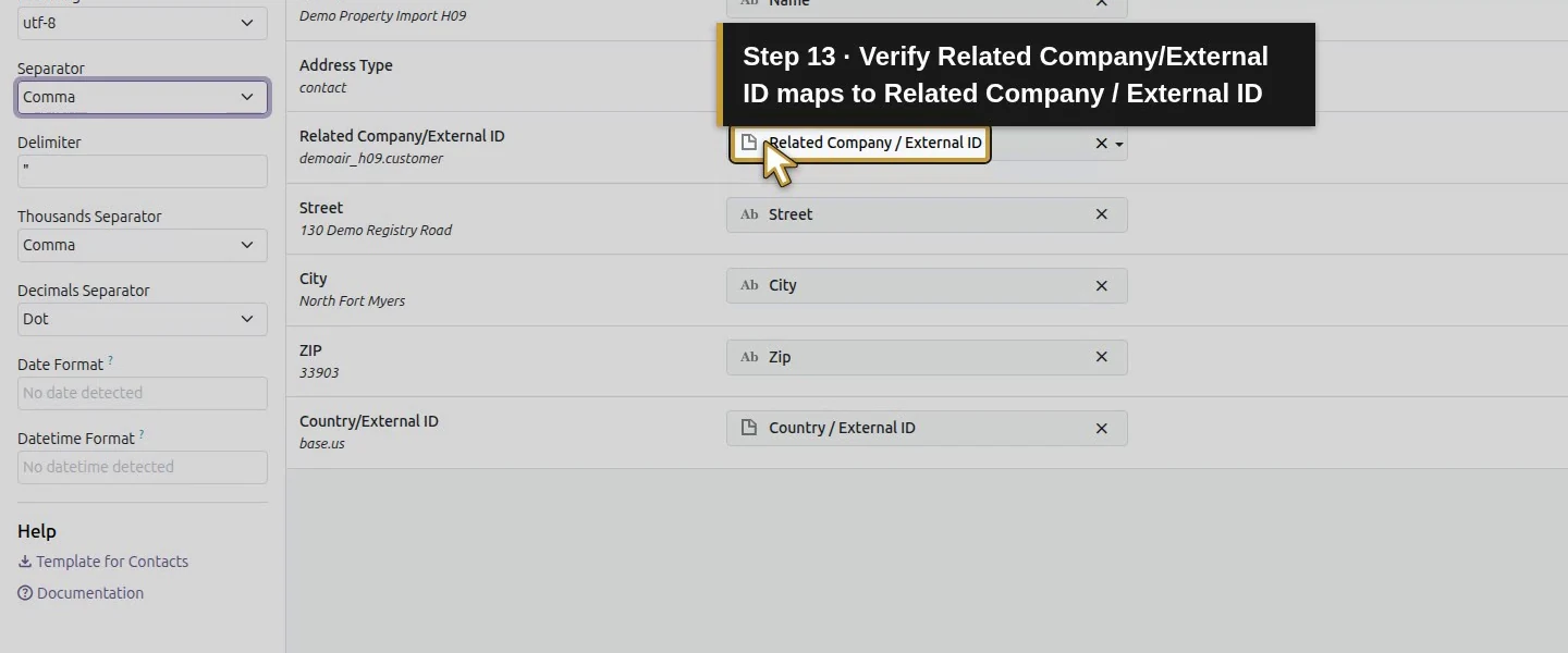 Action 13: Verify Related Company/External ID maps to Related Company / External ID. The actual target is highlighted in gold.