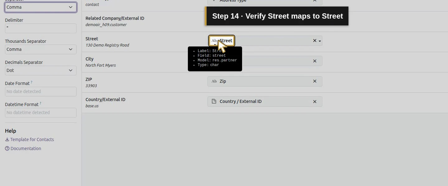 Action 14: Verify Street maps to Street. The actual target is highlighted in gold.