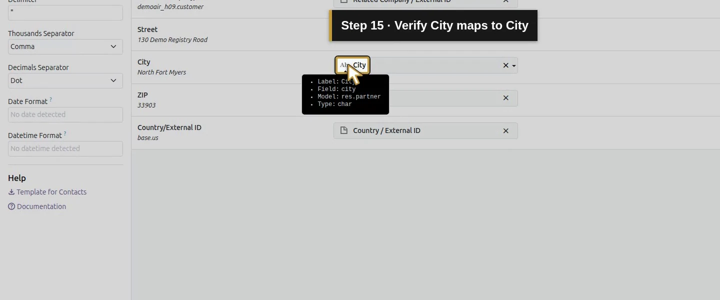 Action 15: Verify City maps to City. The actual target is highlighted in gold.