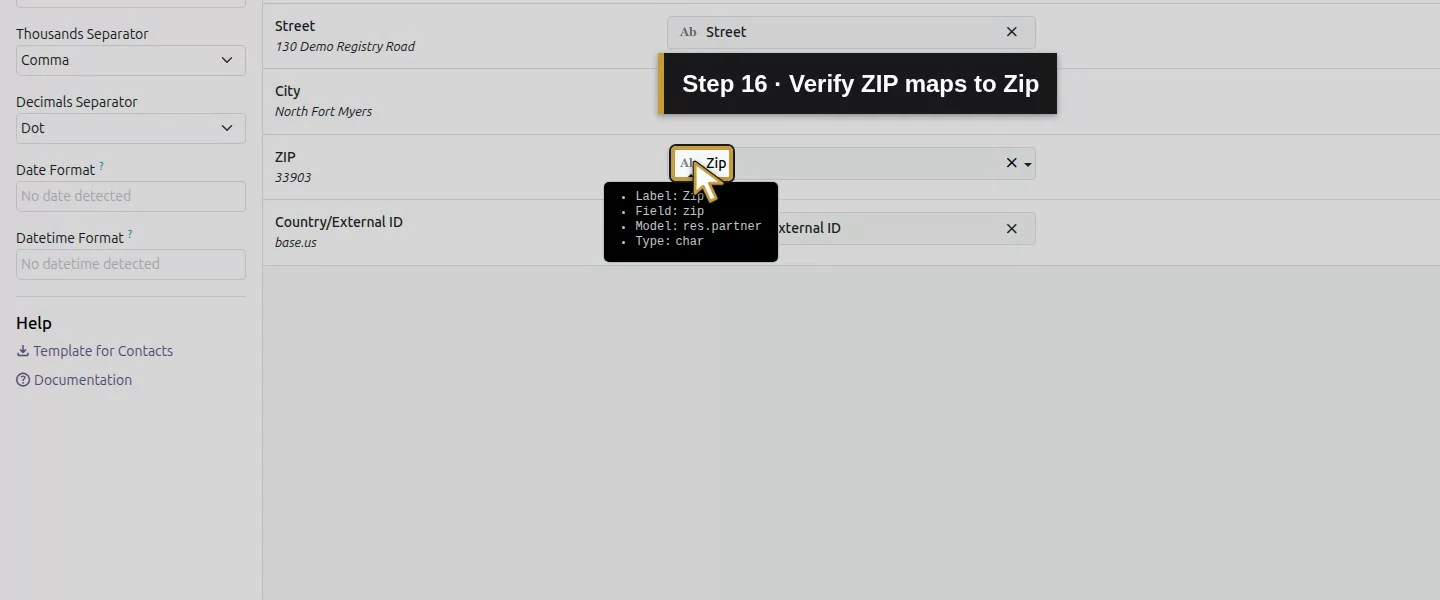 Action 16: Verify ZIP maps to Zip. The actual target is highlighted in gold.