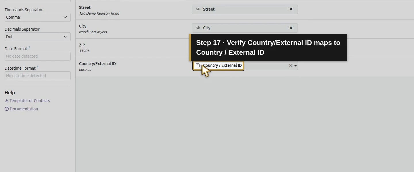 Action 17: Verify Country/External ID maps to Country / External ID. The actual target is highlighted in gold.