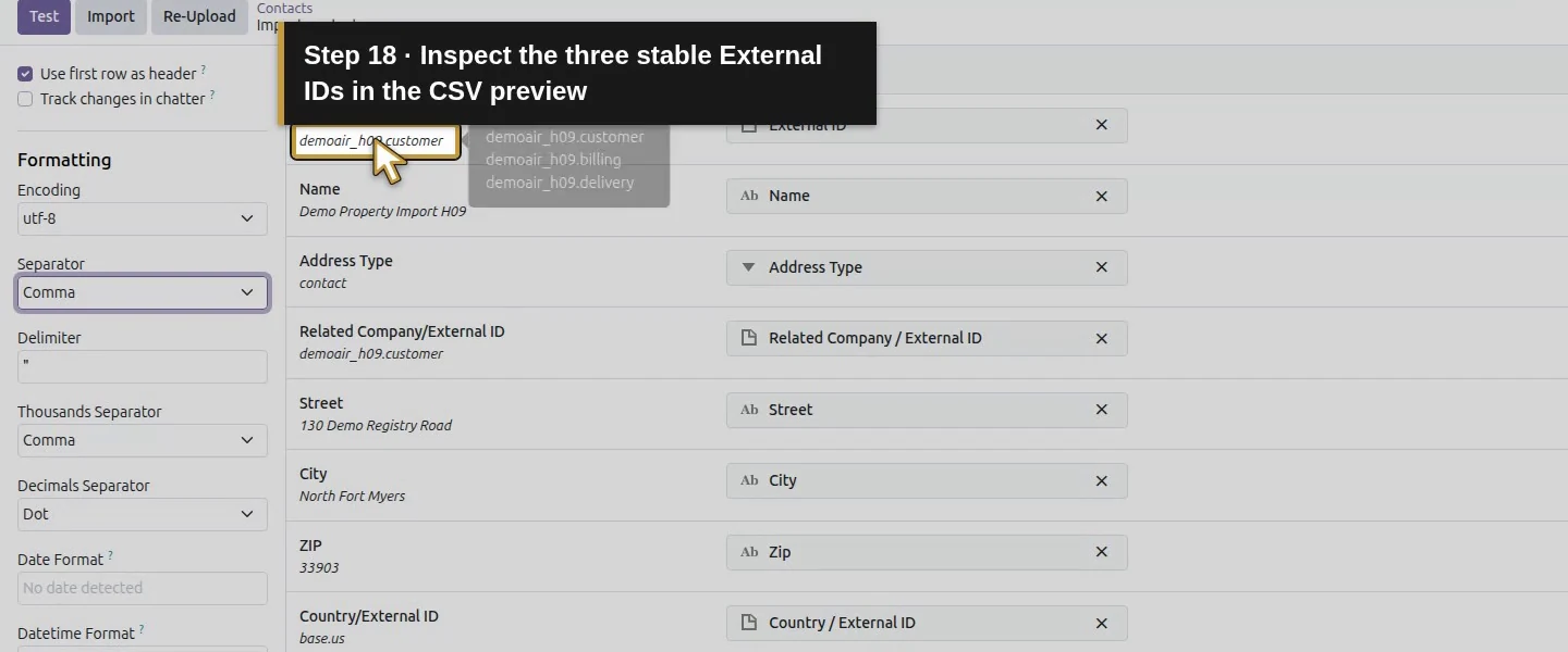 Action 18: Inspect the three stable External IDs in the CSV preview. The actual target is highlighted in gold.
