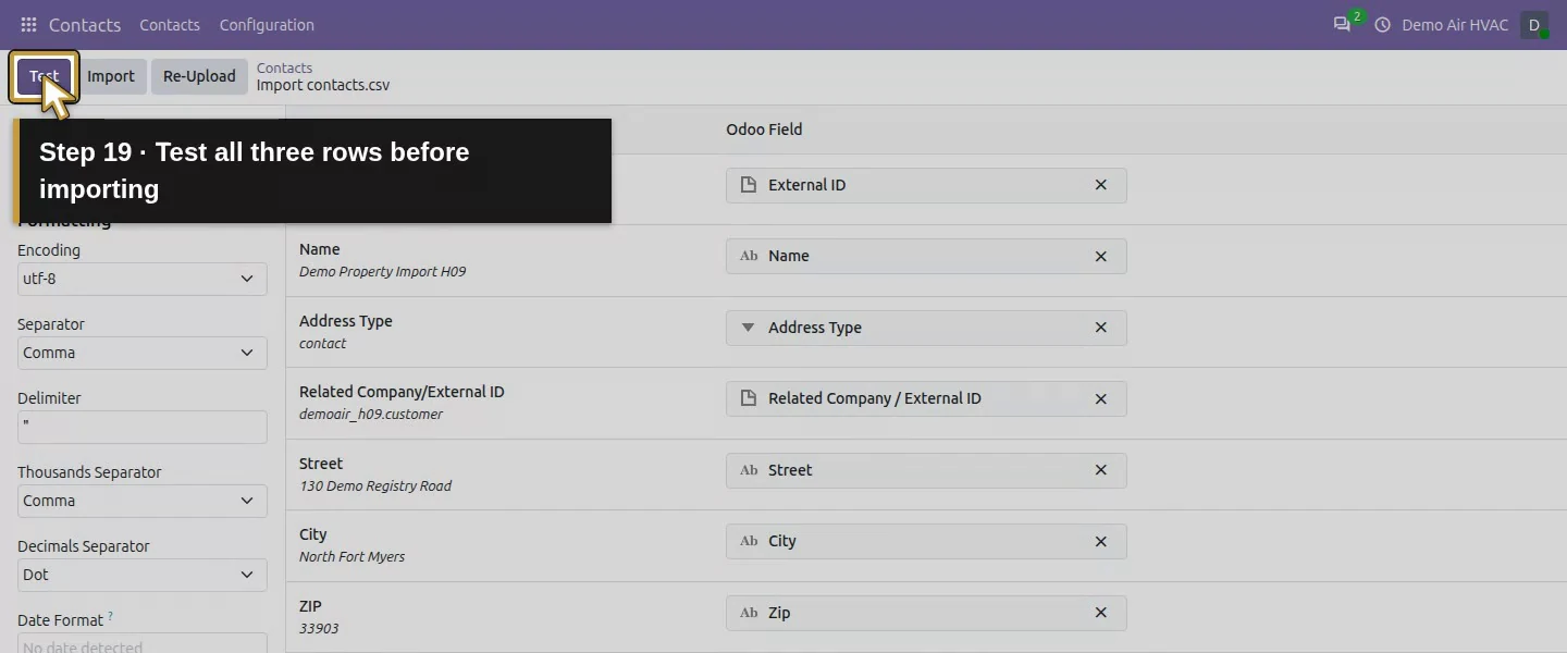 Action 19: Test all three rows before importing. The actual target is highlighted in gold.