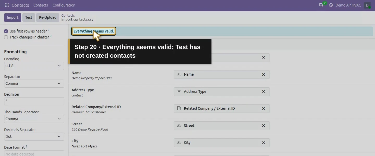 Action 20: Everything seems valid; Test has not created contacts. The actual target is highlighted in gold.