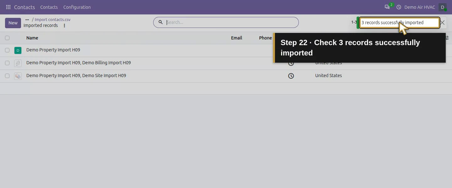 Action 22: Check 3 records successfully imported. The actual target is highlighted in gold.
