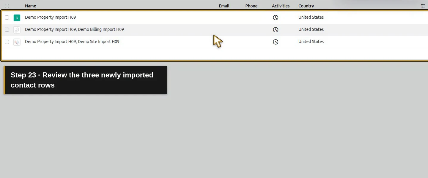 Action 23: Review the three newly imported contact rows. The actual target is highlighted in gold.