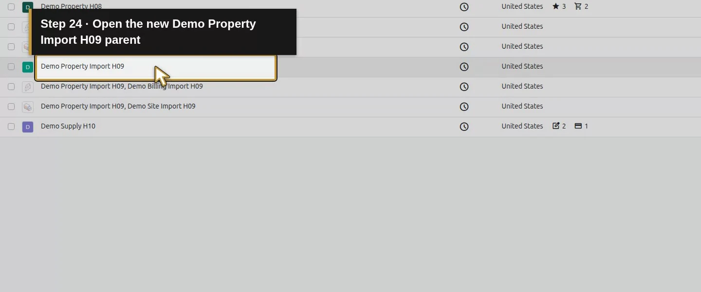 Action 24: Open the new Demo Property Import H09 parent. The actual target is highlighted in gold.