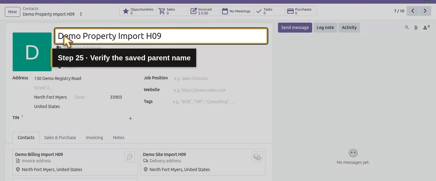 Action 25: Verify the saved parent name. The actual target is highlighted in gold.
