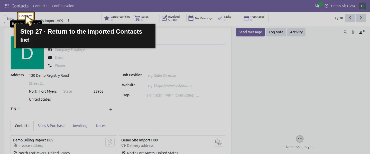 Action 27: Return to the imported Contacts list. The actual target is highlighted in gold.
