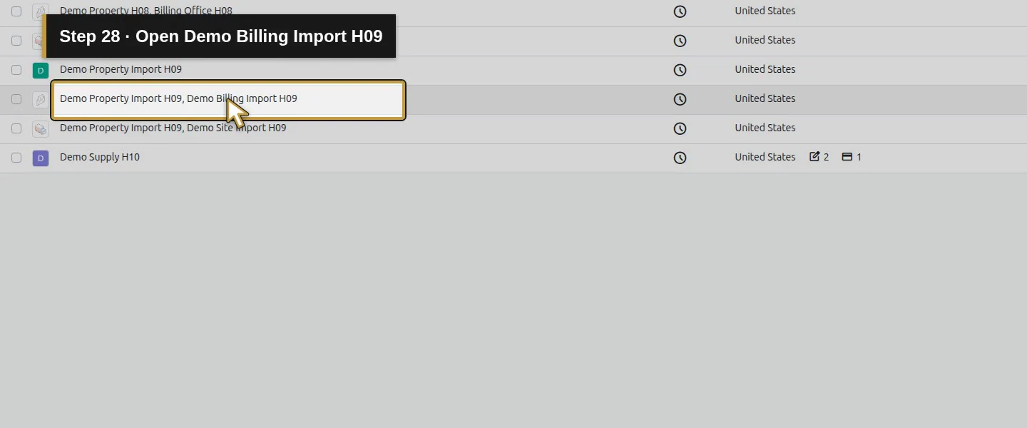 Action 28: Open Demo Billing Import H09. The actual target is highlighted in gold.