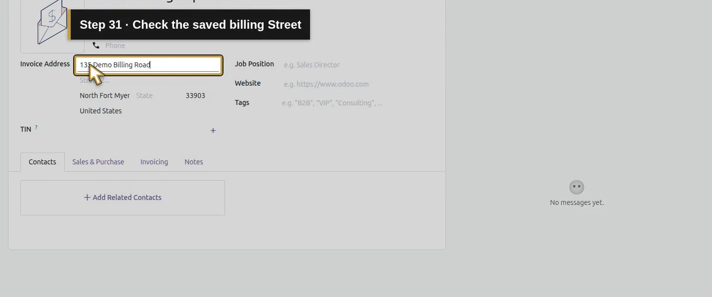 Action 31: Check the saved billing Street. The actual target is highlighted in gold.