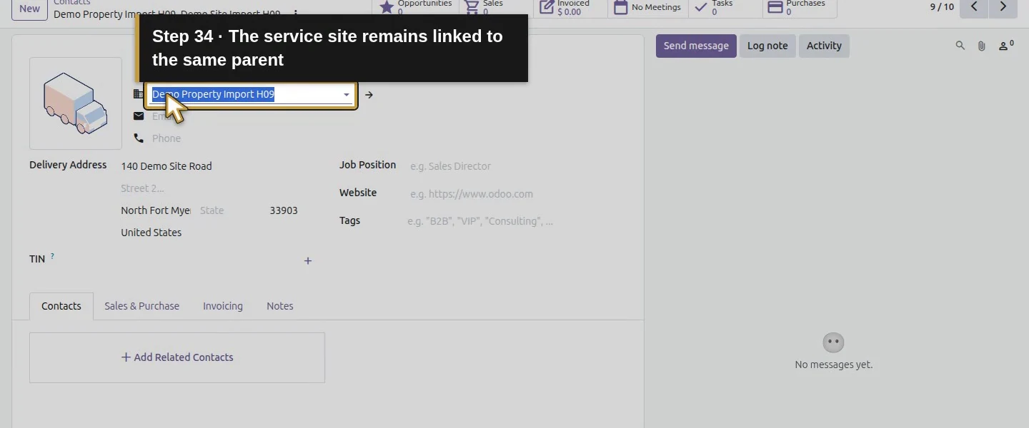 Action 34: The service site remains linked to the same parent. The actual target is highlighted in gold.