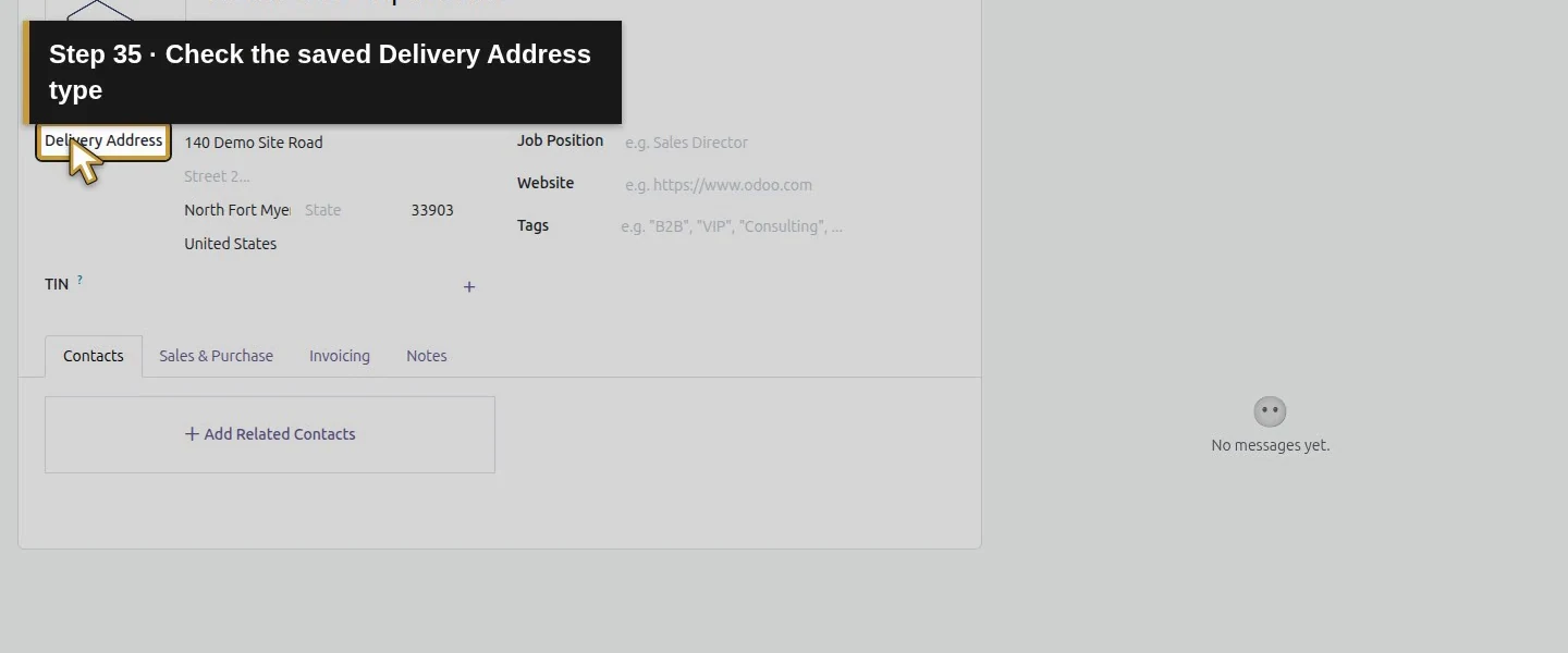 Action 35: Check the saved Delivery Address type. The actual target is highlighted in gold.