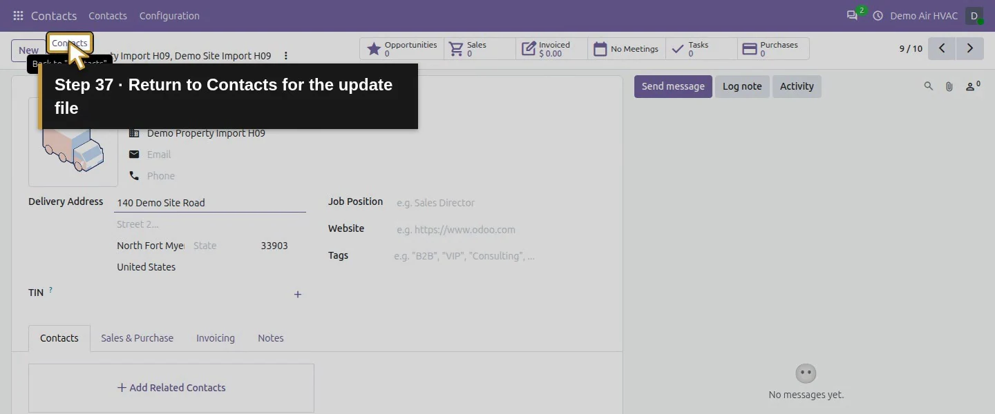 Action 37: Return to Contacts for the update file. The actual target is highlighted in gold.