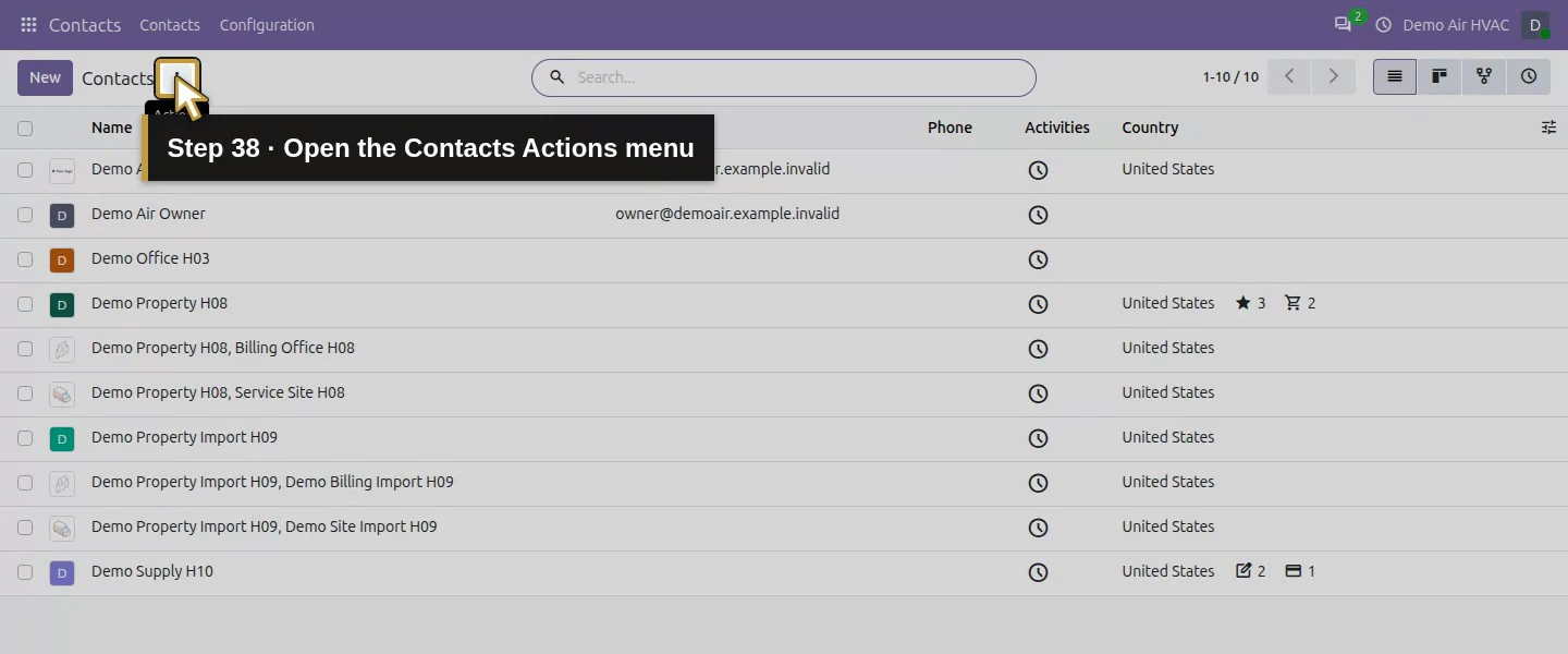 Action 38: Open the Contacts Actions menu. The actual target is highlighted in gold.