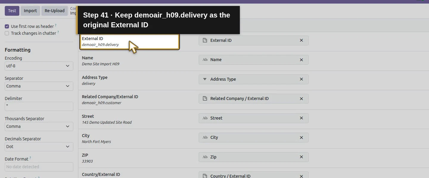 Action 41: Keep demoair_h09.delivery as the original External ID. The actual target is highlighted in gold.