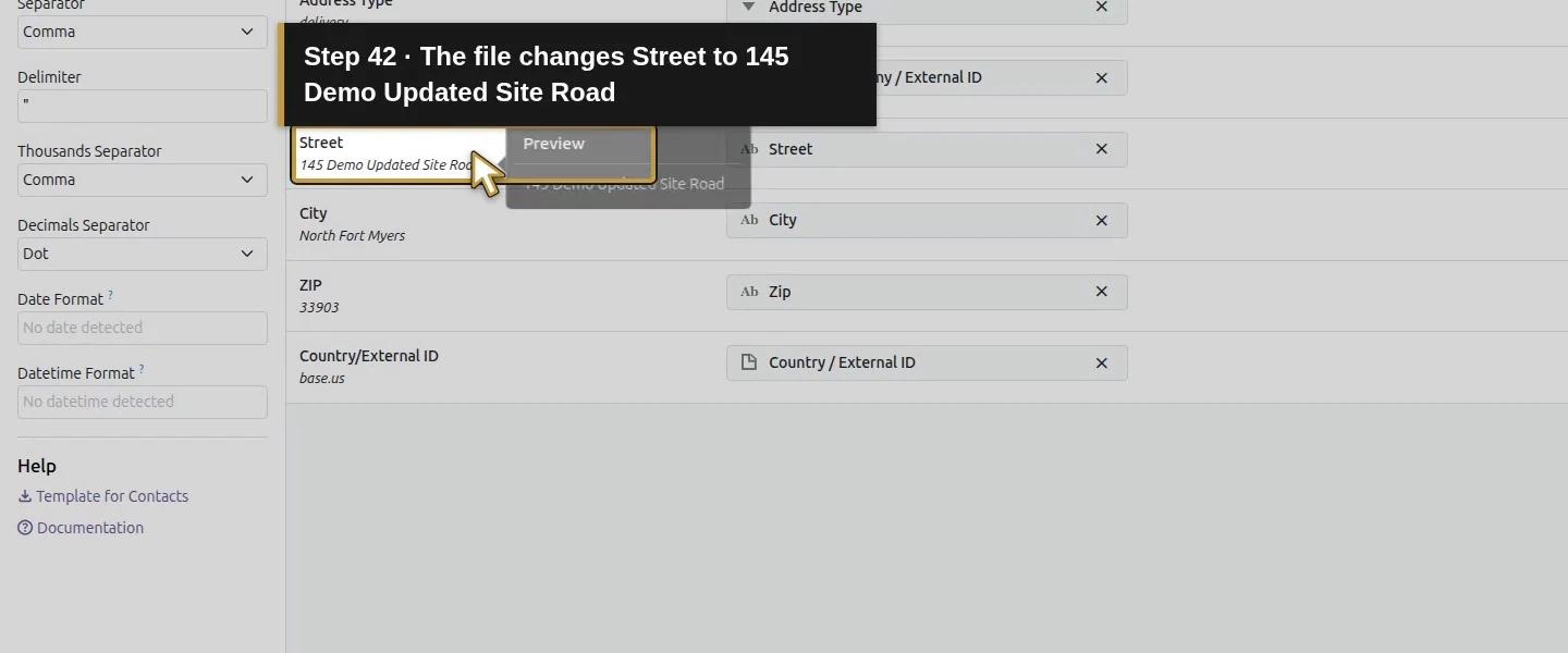Action 42: The file changes Street to 145 Demo Updated Site Road. The actual target is highlighted in gold.
