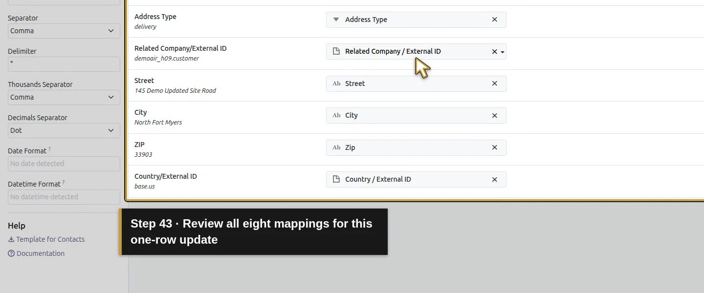 Action 43: Review all eight mappings for this one-row update. The actual target is highlighted in gold.