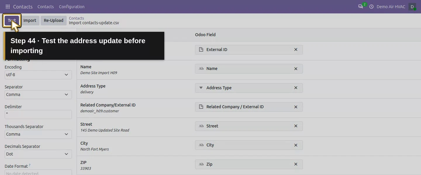 Action 44: Test the address update before importing. The actual target is highlighted in gold.