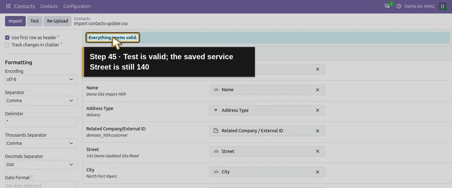Action 45: Test is valid; the saved service Street is still 140. The actual target is highlighted in gold.
