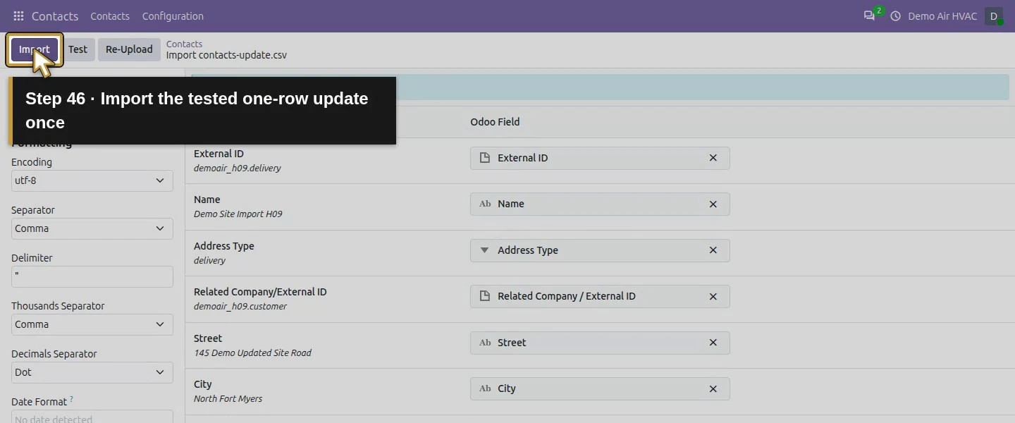Action 46: Import the tested one-row update once. The actual target is highlighted in gold.