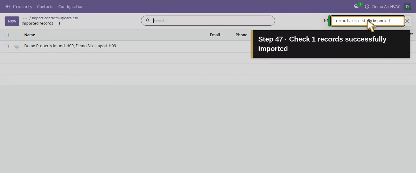 Action 47: Check 1 records successfully imported. The actual target is highlighted in gold.