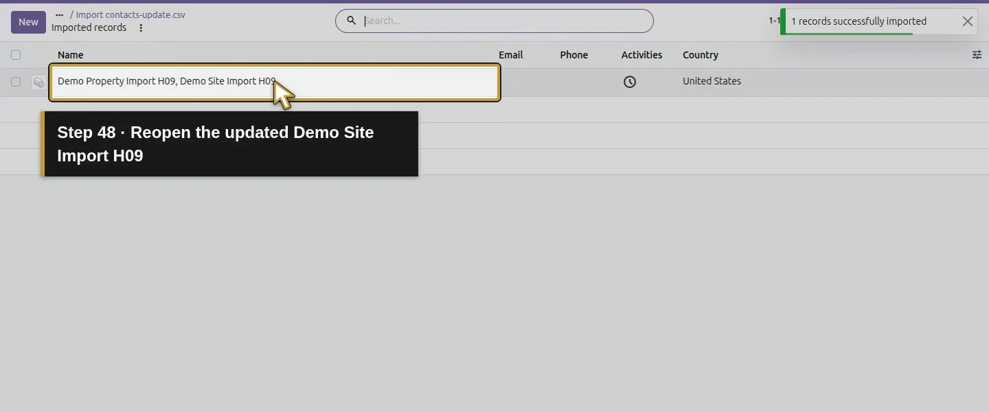 Action 48: Reopen the updated Demo Site Import H09. The actual target is highlighted in gold.