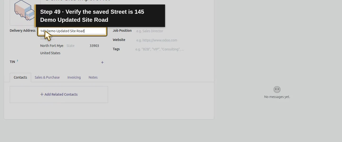 Action 49: Verify the saved Street is 145 Demo Updated Site Road. The actual target is highlighted in gold.