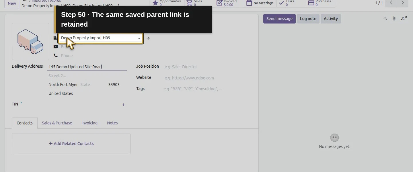 Action 50: The same saved parent link is retained. The actual target is highlighted in gold.