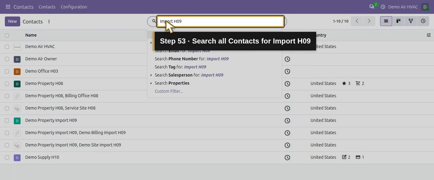 Action 53: Search all Contacts for Import H09. The actual target is highlighted in gold.