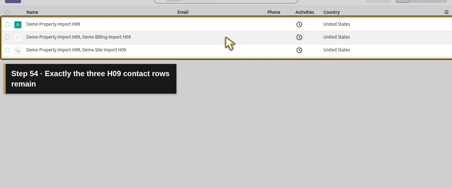 Action 54: Exactly the three H09 contact rows remain. The actual target is highlighted in gold.