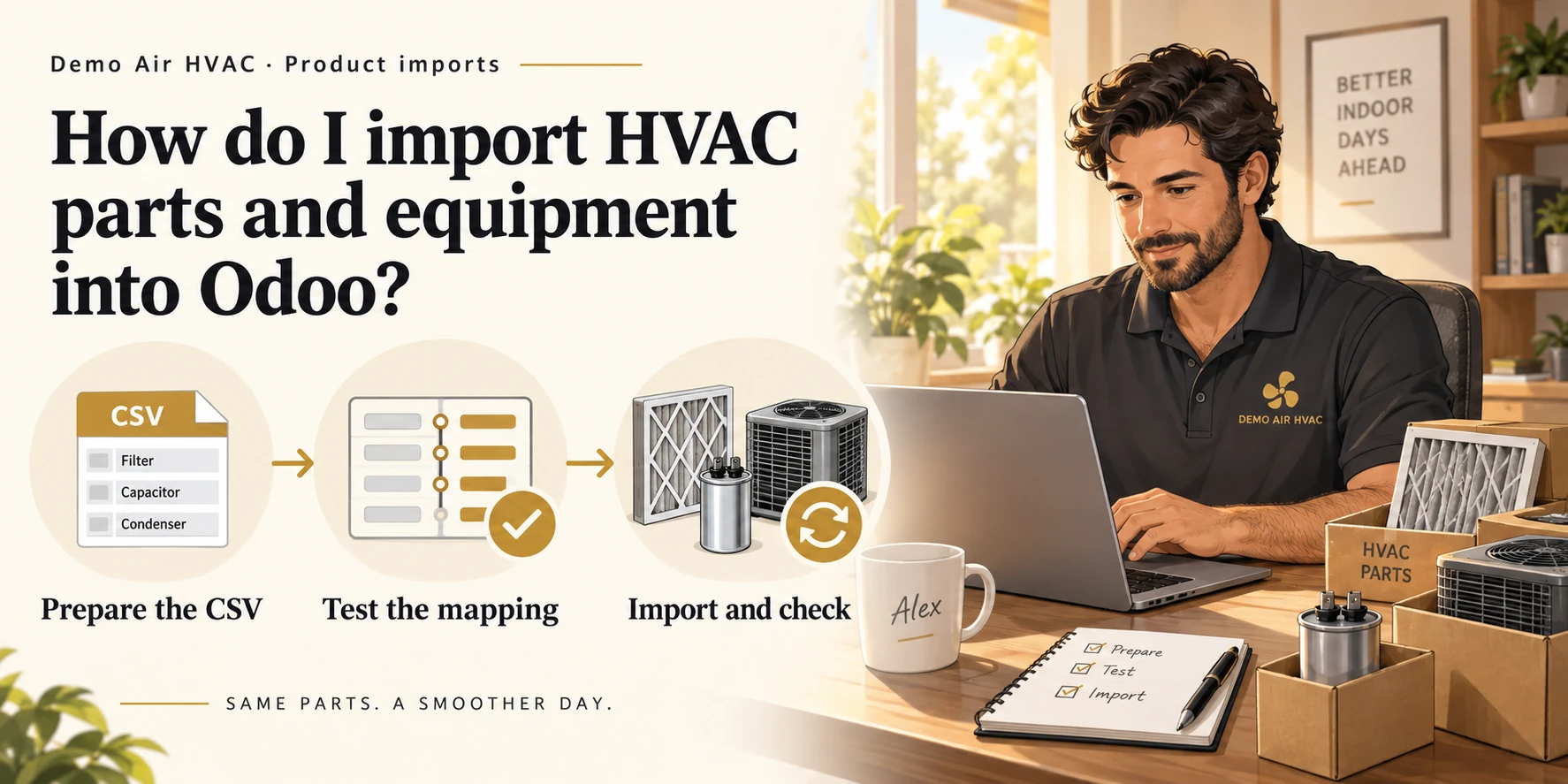 How do I import HVAC parts and equipment into Odoo? A fictional HVAC owner connects Prepare the CSV, Test the mapping and Import and check.