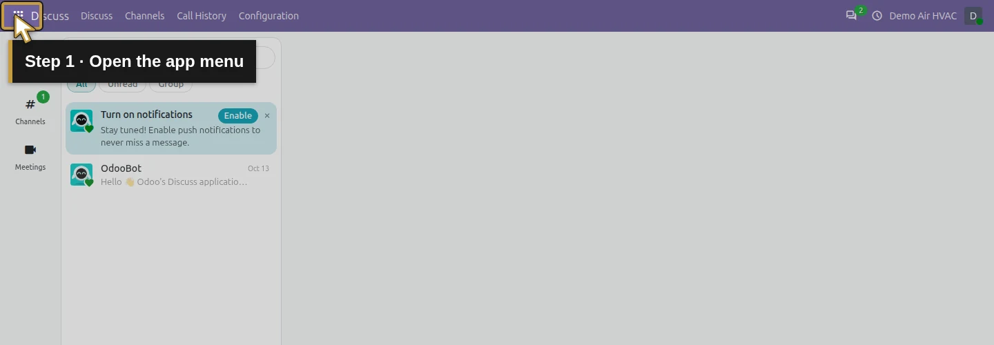 Step 1: Open the app menu. The actual Odoo control is highlighted in gold.