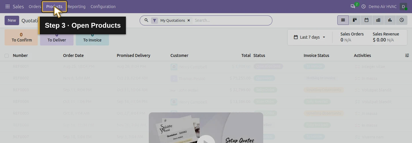 Step 3: Open Products. The actual Odoo control is highlighted in gold.