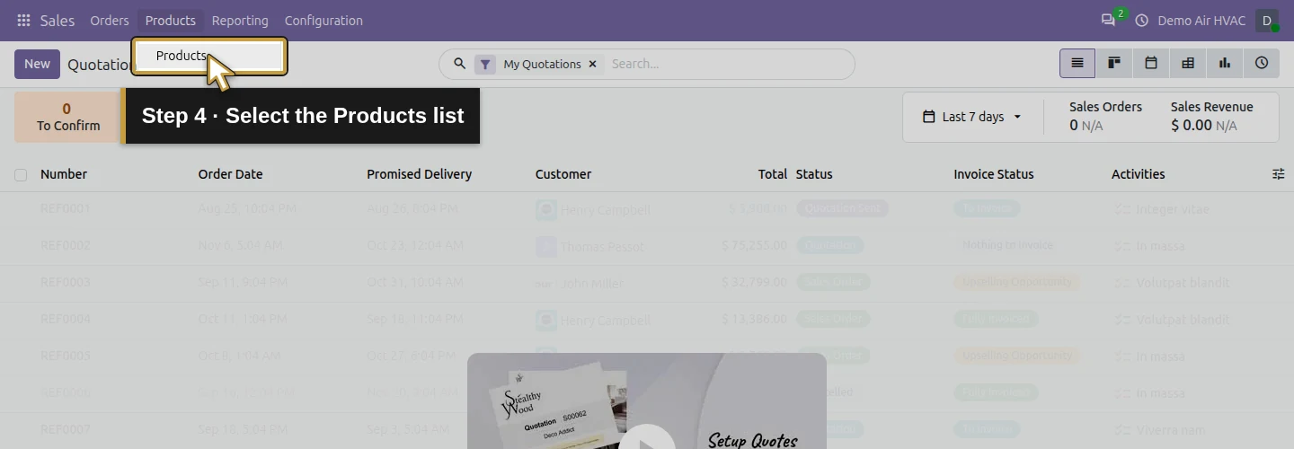 Step 4: Select the Products list. The actual Odoo control is highlighted in gold.
