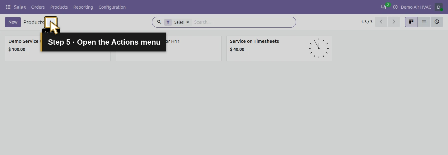 Step 5: Open the Actions menu. The actual Odoo control is highlighted in gold.
