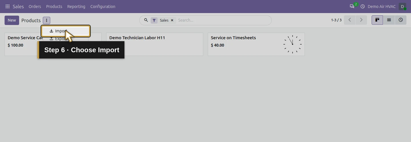 Step 6: Choose Import. The actual Odoo control is highlighted in gold.