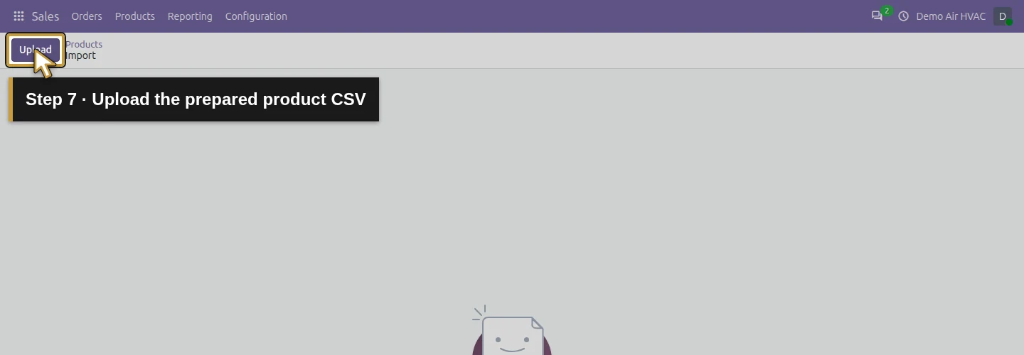 Step 7: Upload the prepared product CSV. The actual Odoo control is highlighted in gold.