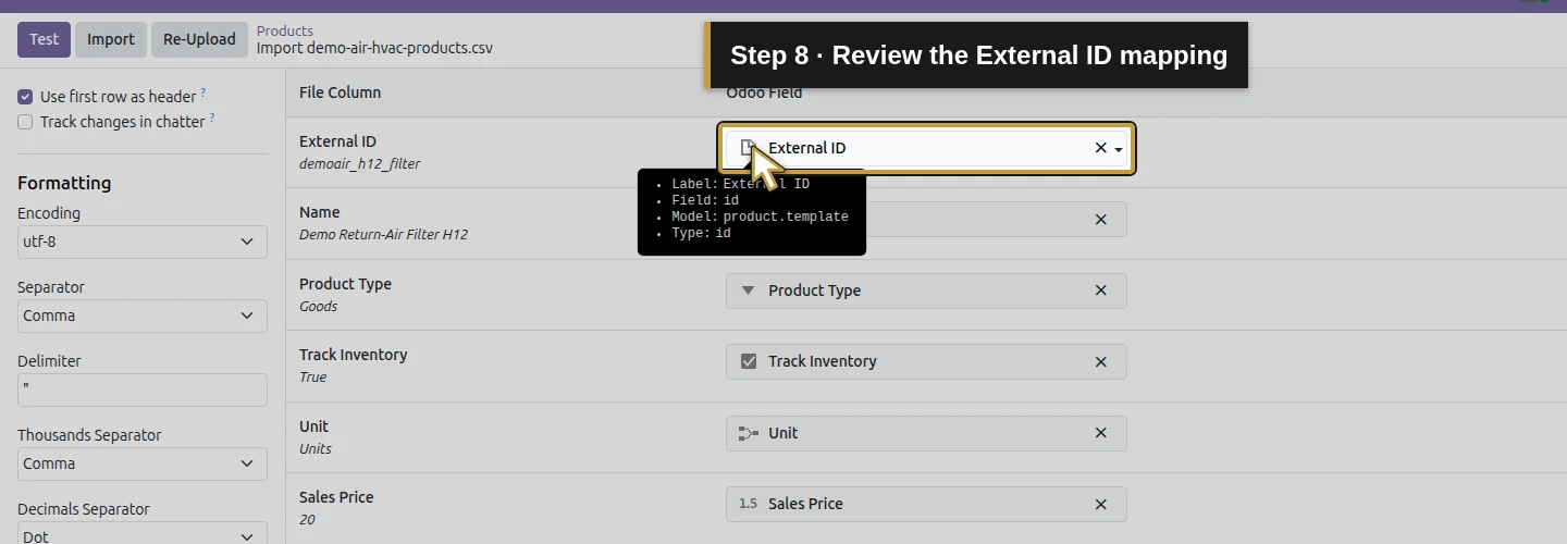 Step 8: Review the External ID mapping. The actual Odoo control is highlighted in gold.