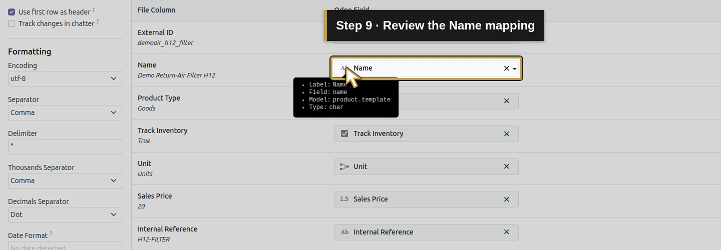 Step 9: Review the Name mapping. The actual Odoo control is highlighted in gold.