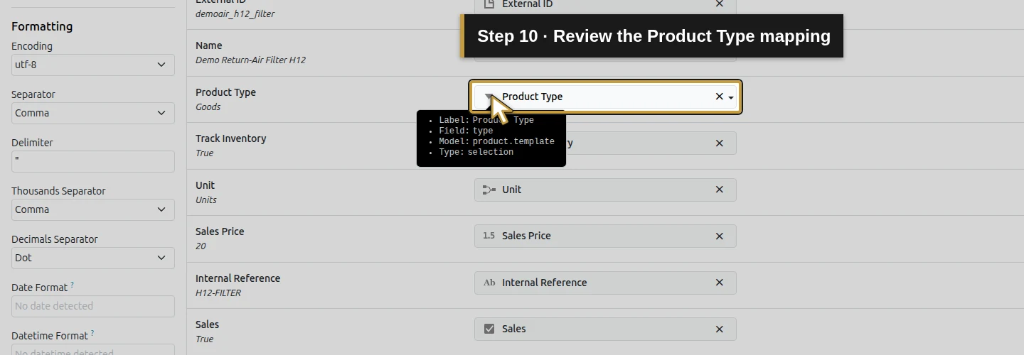 Step 10: Review the Product Type mapping. The actual Odoo control is highlighted in gold.