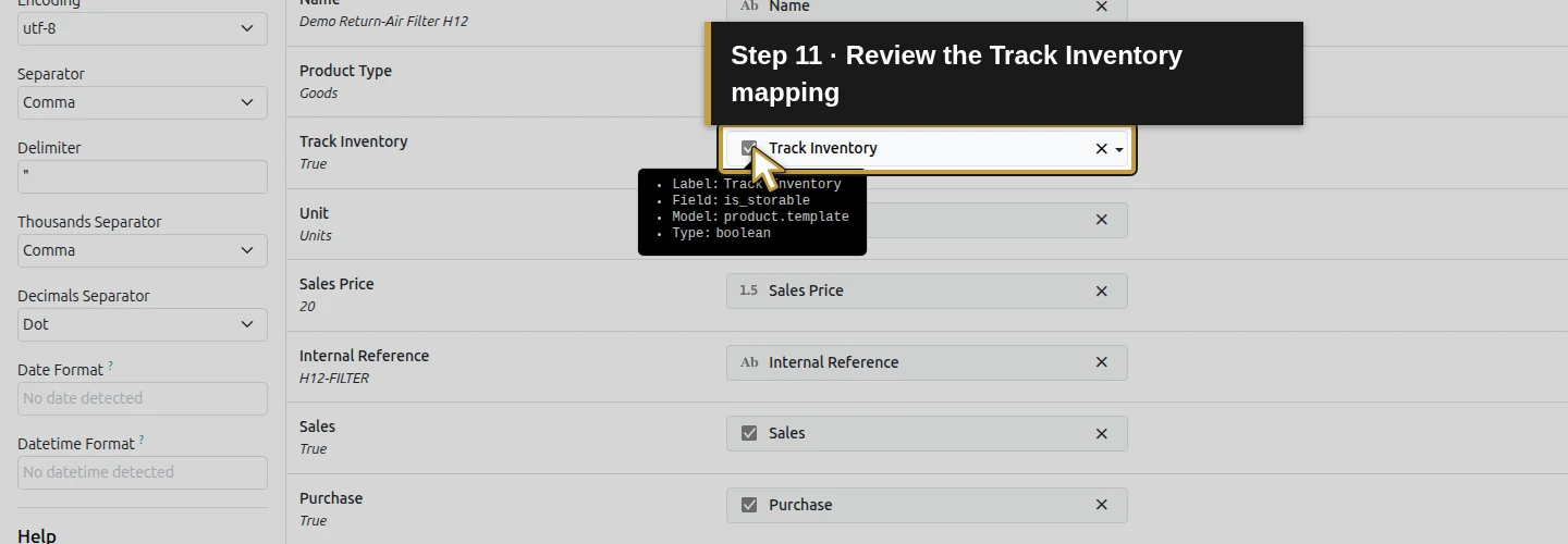 Step 11: Review the Track Inventory mapping. The actual Odoo control is highlighted in gold.